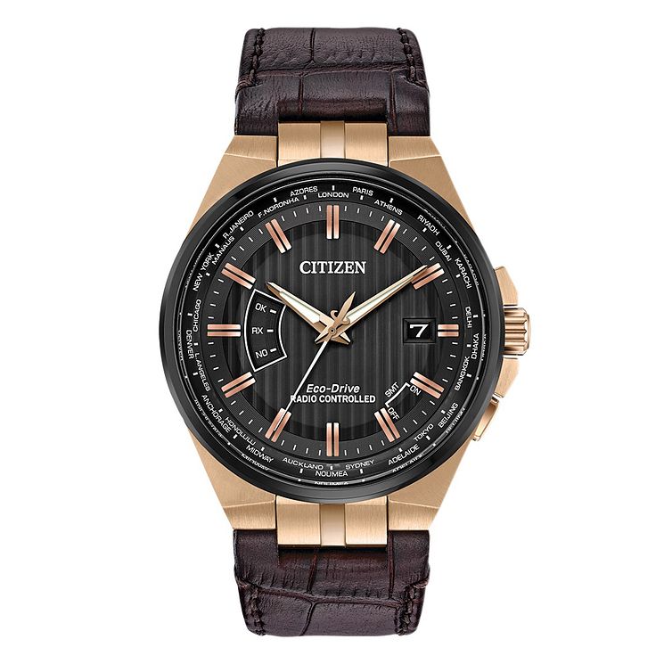 Citizen Eco-drive Mens World Time Brown Leather Strap Watch