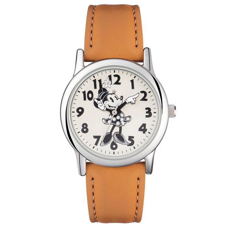 Disney Minnie Mouse Cream Dial Tan Leather Strap Watch