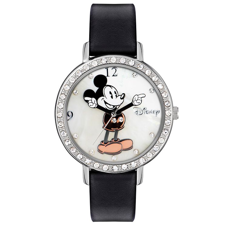 Disney Minnie Mouse Stone Set Black Leather Strap Watch