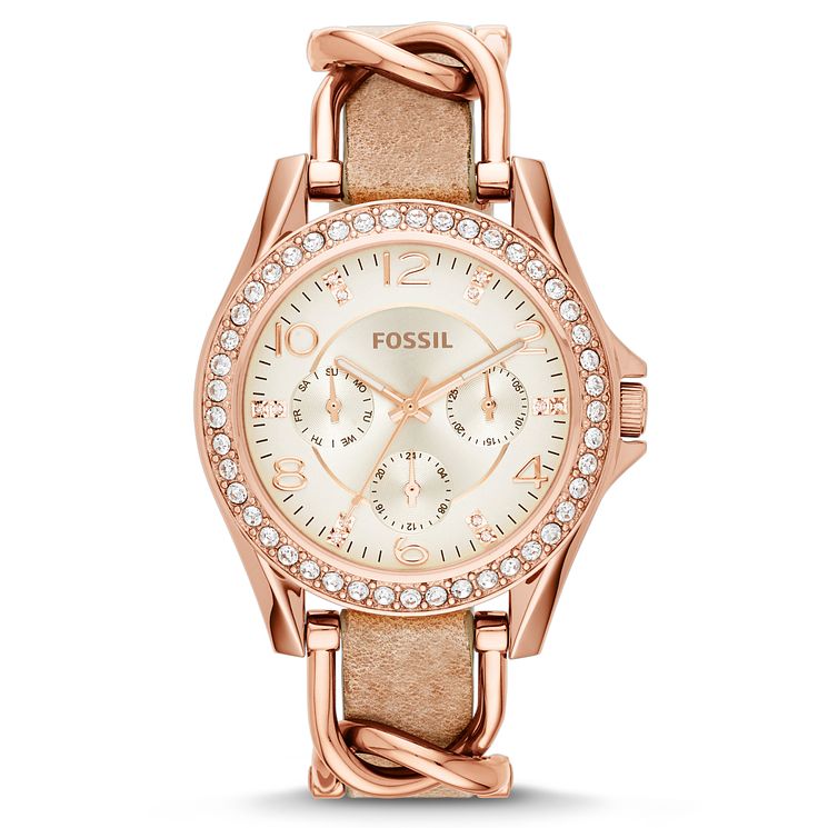 Fossil Ladies Rose Gold Tone Leather Strap Watch