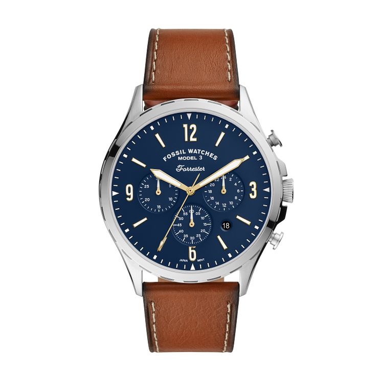 Fossil Mens Forrester Blue Dial Brown Leather Strap Watch