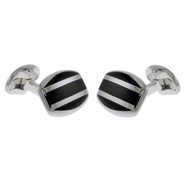 Deakin & Francis Cufflinks Sterling Silver Barrel Striped Onyx Inlay - Silver