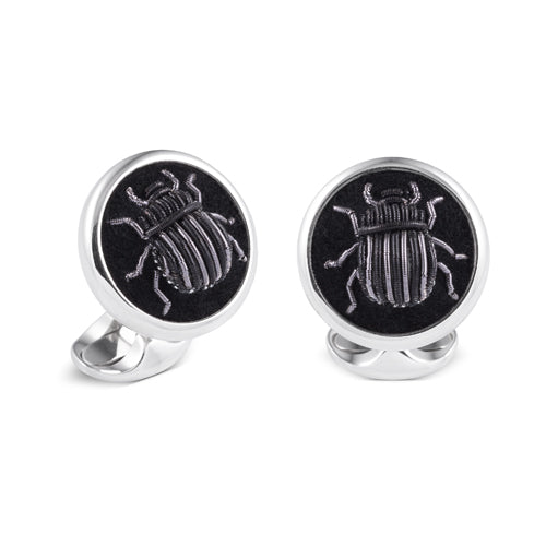 Deakin & Francis Cufflinks Sterling Silver Embroidered Black And Grey Bug - Silver