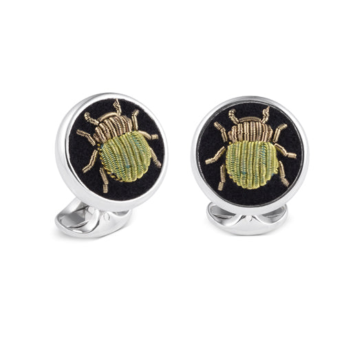 Deakin & Francis Cufflinks Sterling Silver Embroidered Green And Gold Bug - Silver