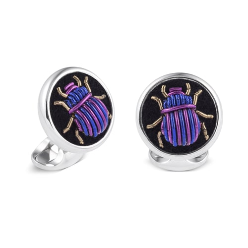 Deakin & Francis Cufflinks Sterling Silver Embroidered Light And Dark Purple Bug - Silver