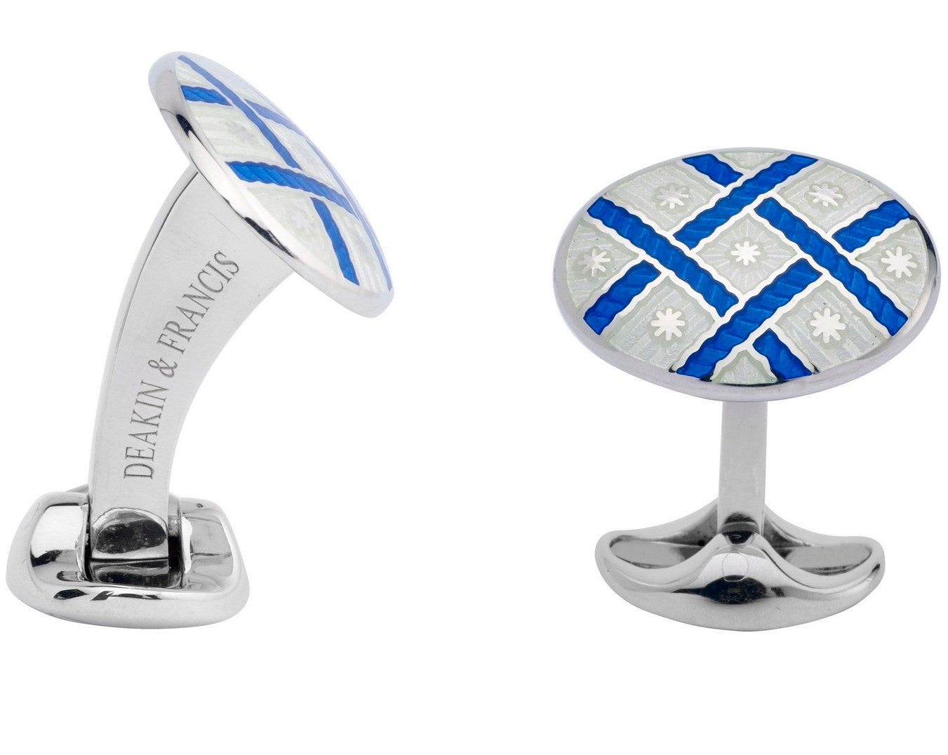 Deakin & Francis Cufflinks Sterling Silver Royal Blue Clear Fancy Pattern Enamel - Silver