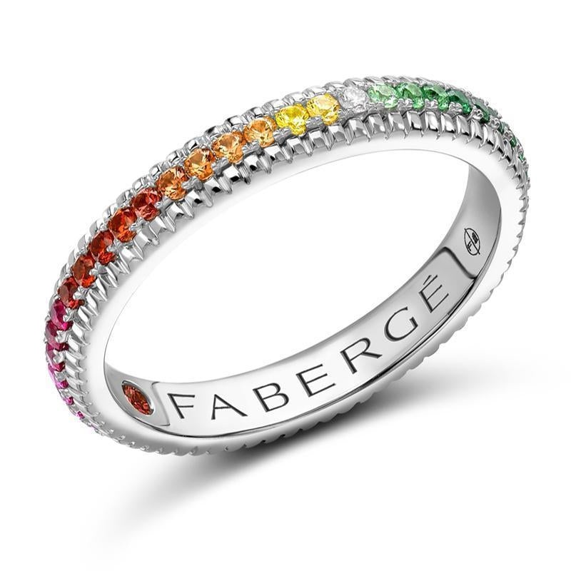 Faberge 18ct White Gold Multicolour Rainbow Fluted Band Ring - 53