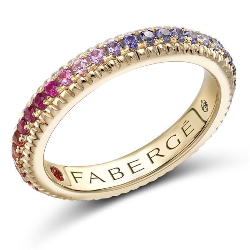 Faberge 18ct Yellow Gold Multi Stone Rainbow Fluted Band Ring - 59