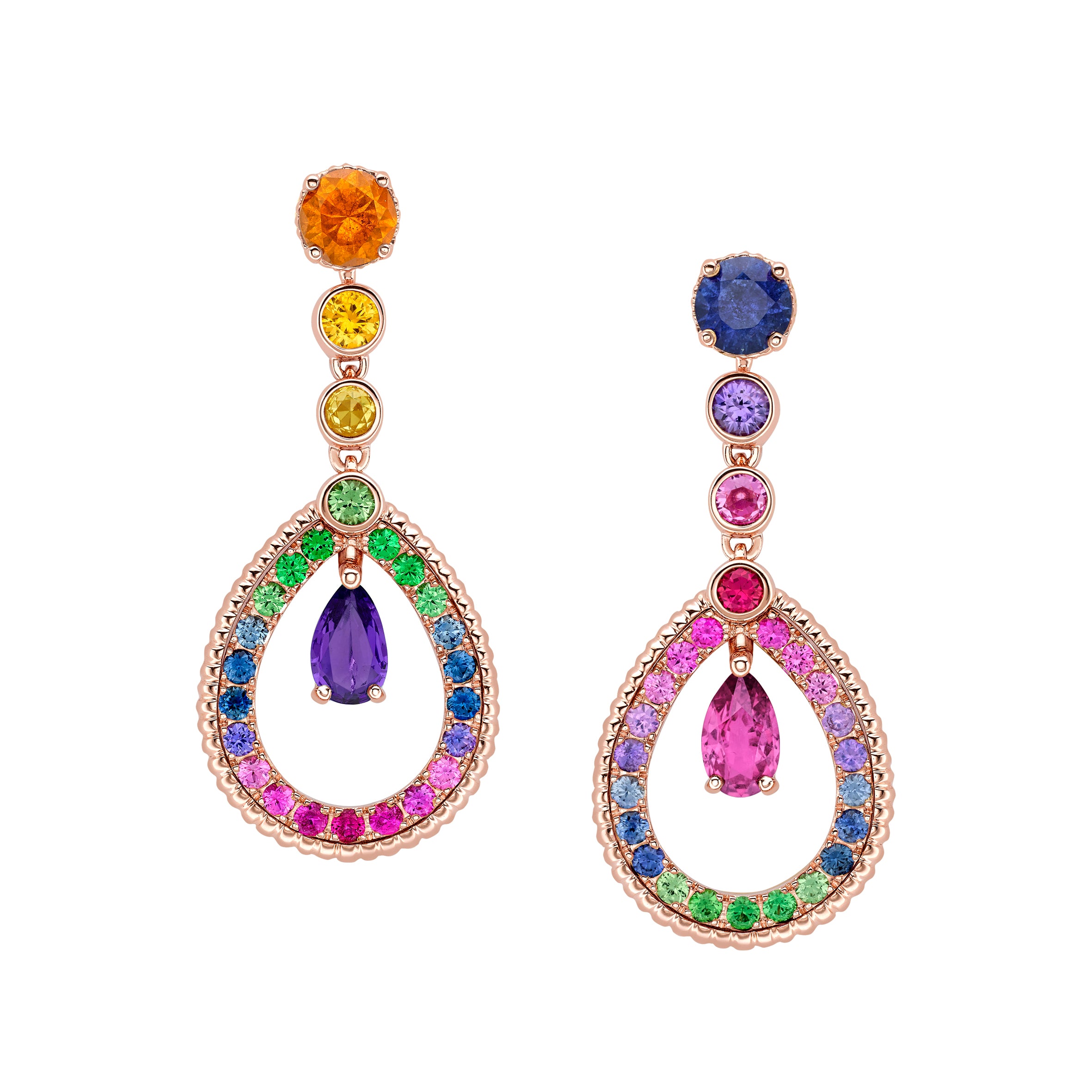 Faberge Colours Of Love 18ct Rose Gold Amethyst Pink Sapphire Rainbow Tear Drop Earrings - Rose Gold