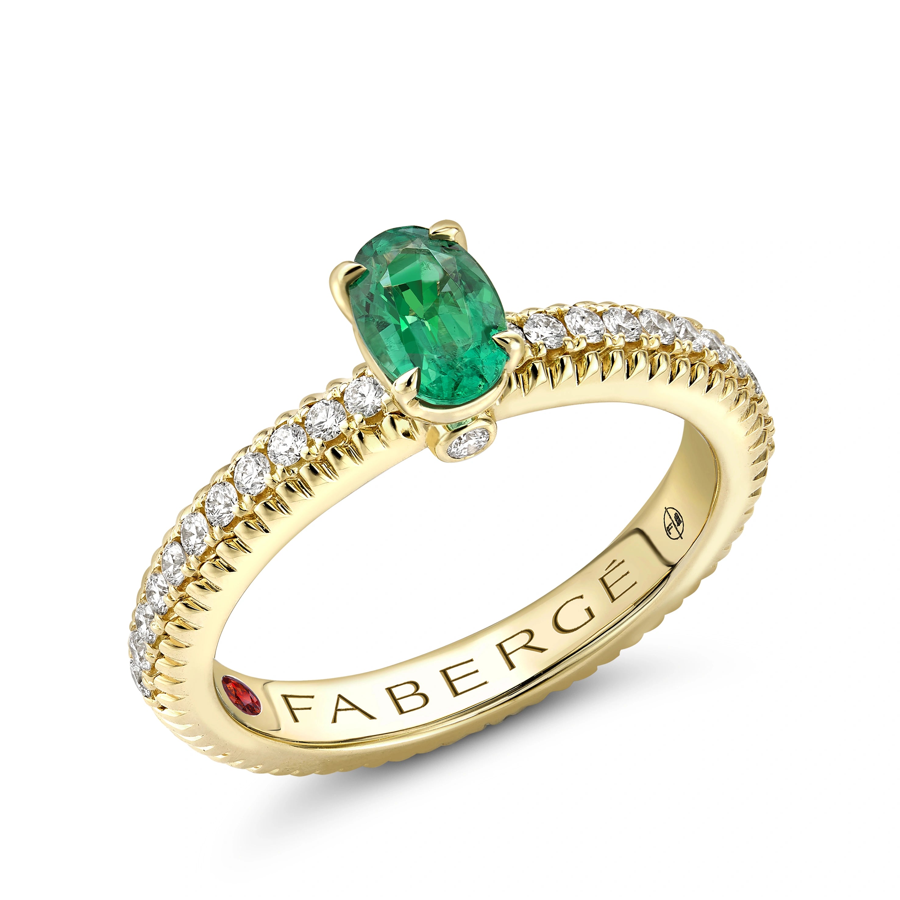 Faberge Colours Of Love 18ct Yellow Gold Emerald Diamond Shoulder Set Fluted Ring - 48