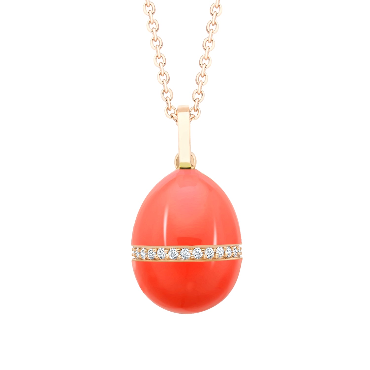 Faberge Essence 18ct Rose Gold Neon Orange Egg Pendant With Diamond Belt