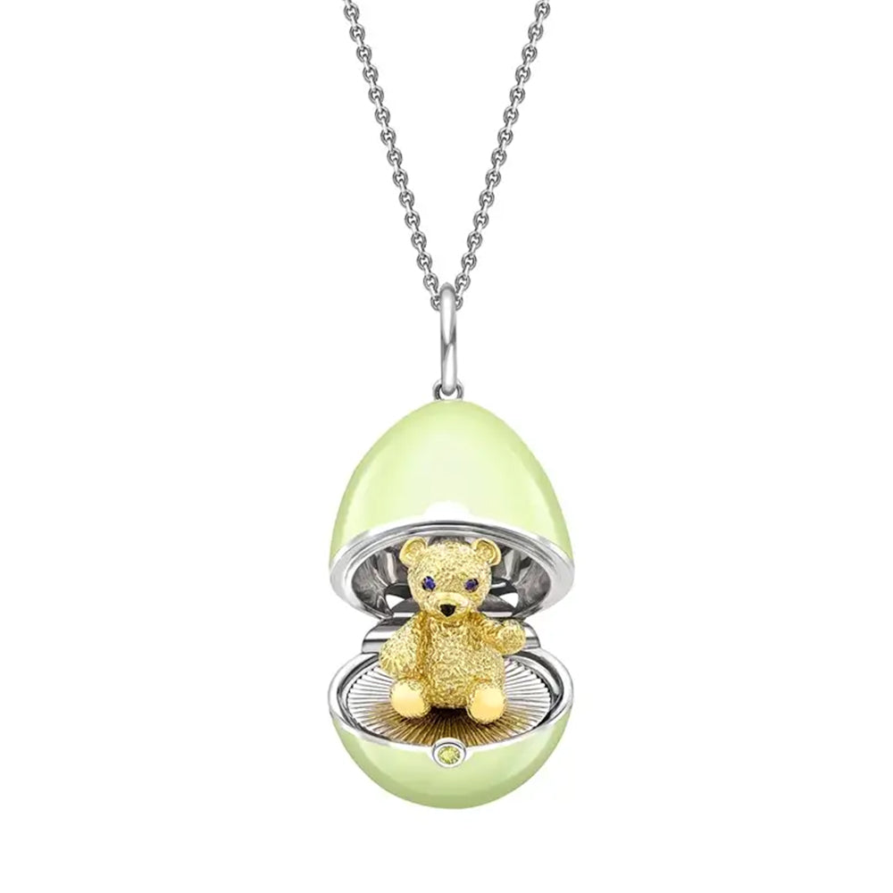 Faberge Essence 18ct White And Yellow Gold Sapphire Green Lacquer Teddy Surprise Locket