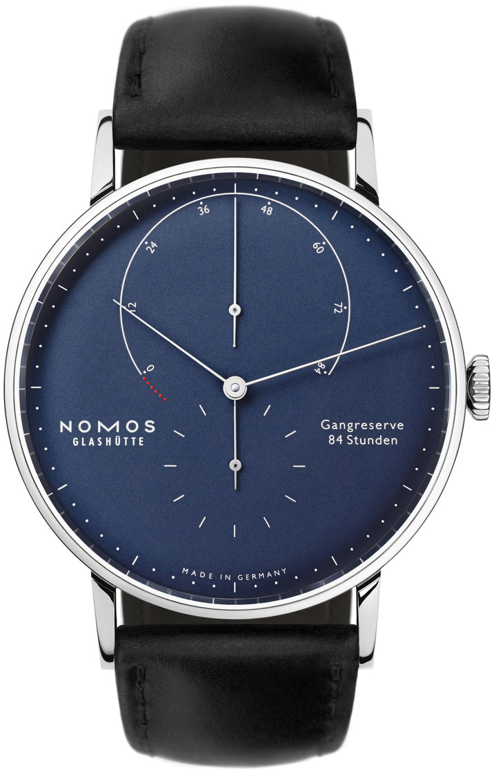 Nomos Glashutte Watch Lambda White Gold Deep Blue Sapphire Crystal