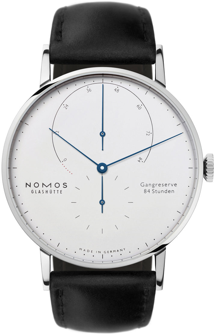 Nomos Glashutte Watch Lambda White Gold Zeiger Geblaut Sapphire Crystal