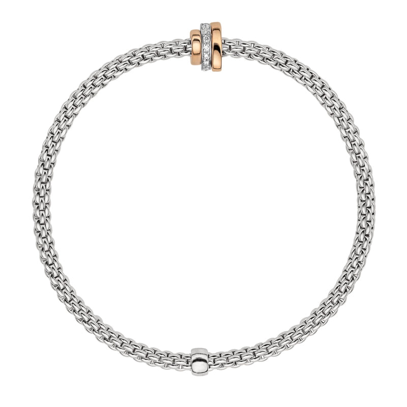 Fope Flex'it Prima 18ct White Gold 0.10ct Diamond Rose Gold Rondelle Bracelet - S