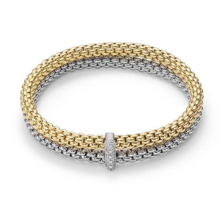 Fope Flex'it Solo 18ct White Yellow Gold 0.22ct Diamond Double Bracelet - L