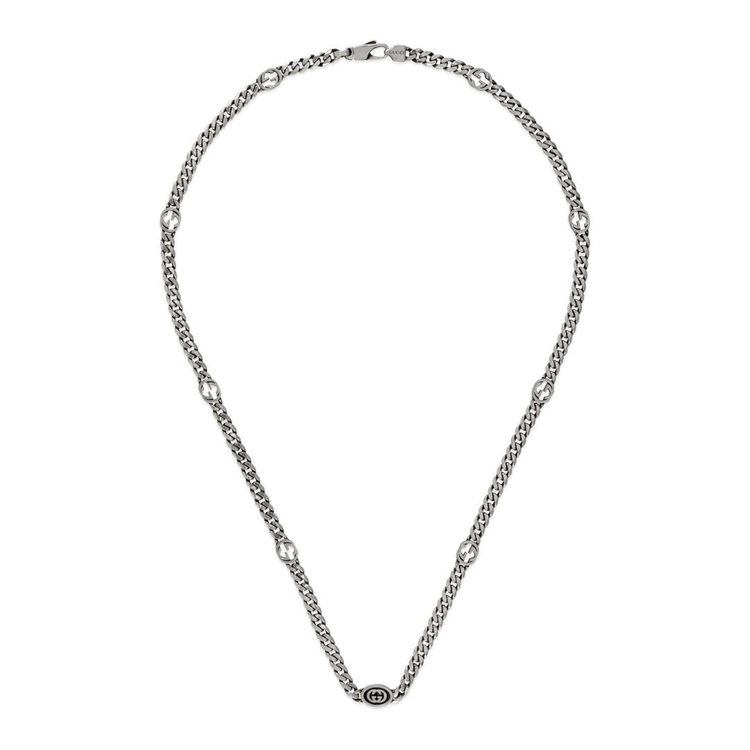 Gucci Interlocking Motif Sterling Silver Black Enamel Thin Necklace - Silver