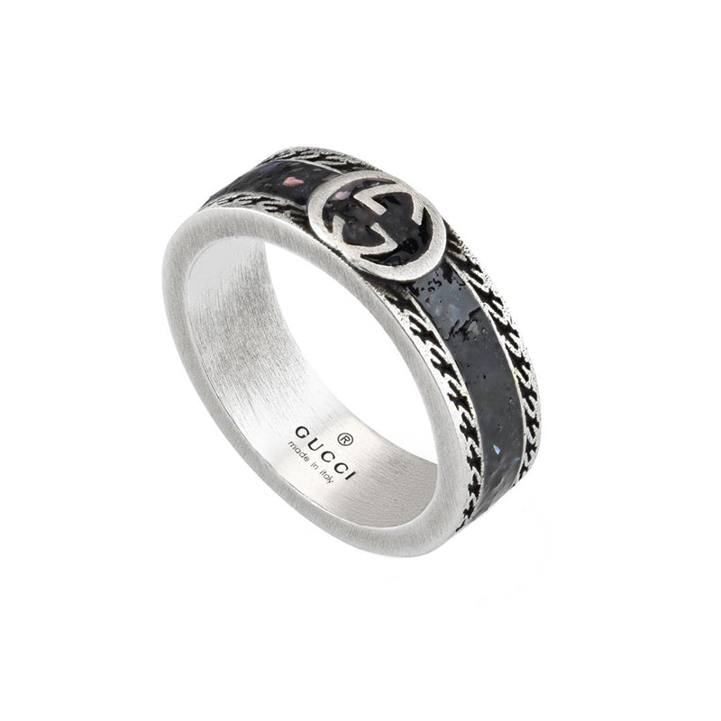 Gucci Interlocking Sterling Silver Black Enamel Band Ring - K.5