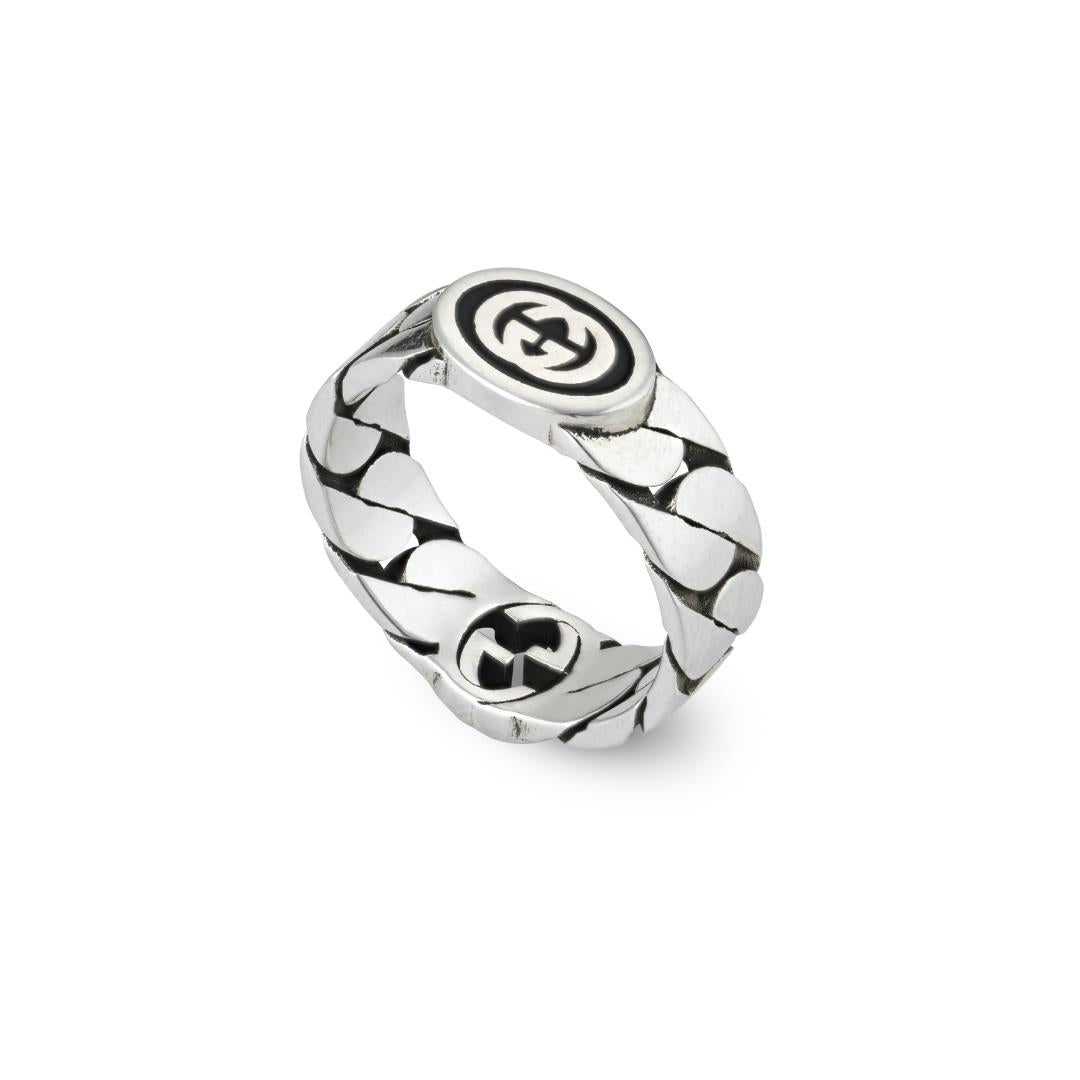 Gucci Interlocking Sterling Silver Black Enamel Wide Band Ring - K.5