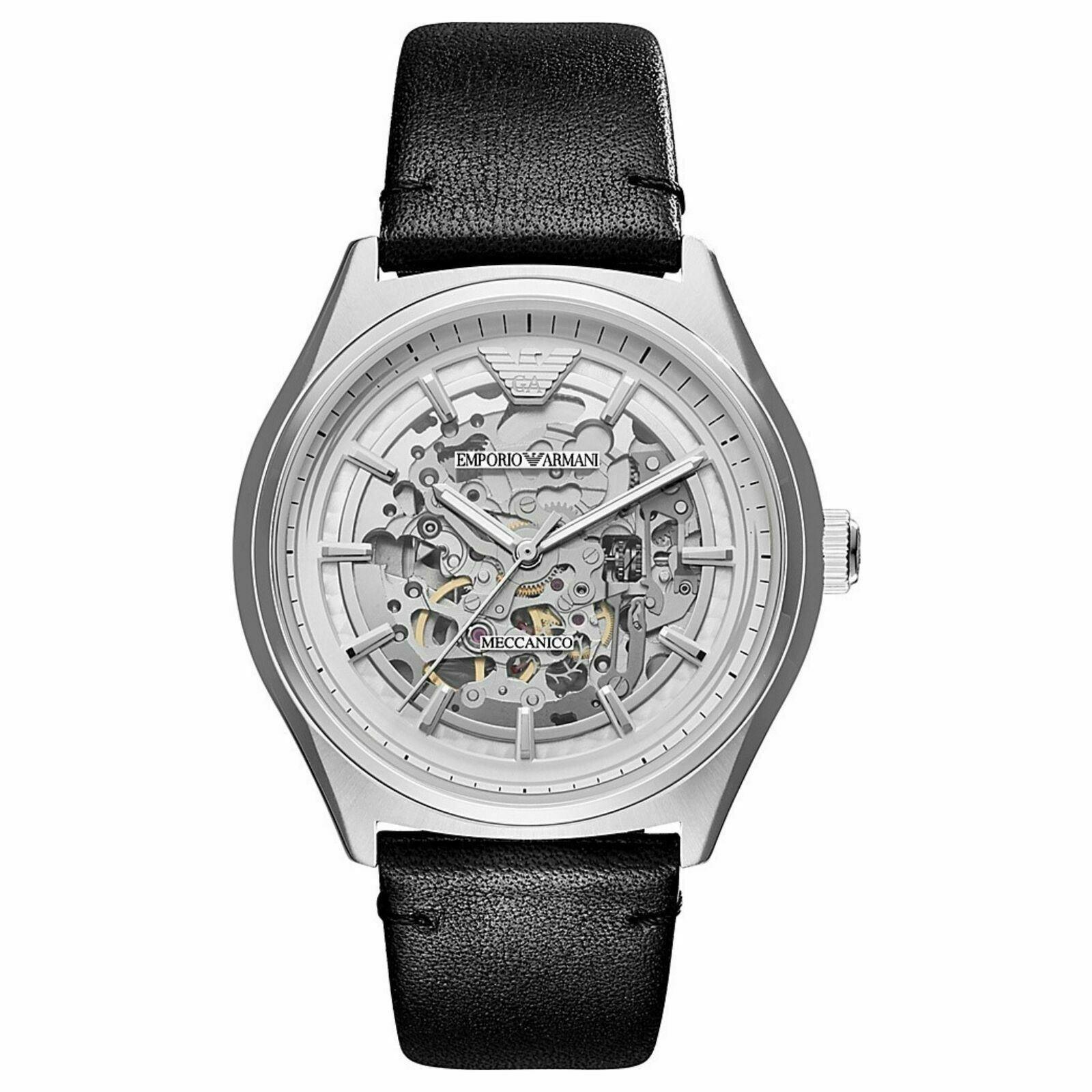 Emporio Armani Ar60003 Automatic Black Leather Skeleton Mens Watch