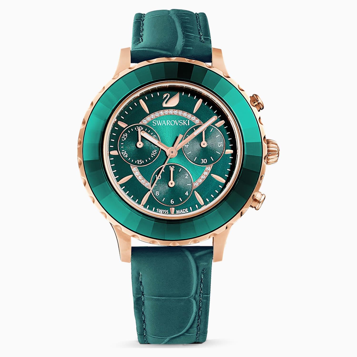 Swarovski Octea Lux Chrono Watch  Leather Strap  Green  Rose-gold Tone Pvd